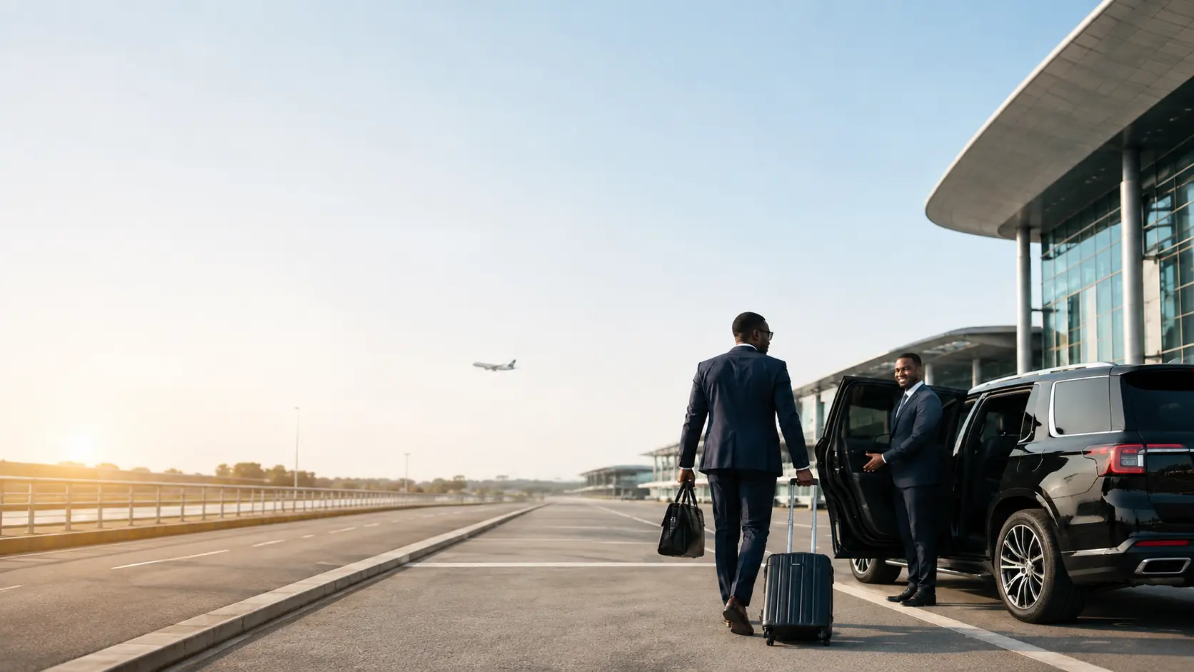 Business traveller approaching an executive airport-transfer vehicle while a professional driver holds the passenger door open.