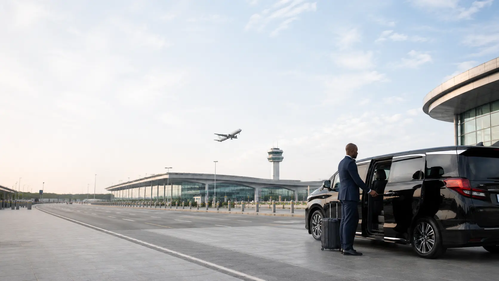 Professional airport-transfer driver beside an executive vehicle with luggage at a modern airport terminal.