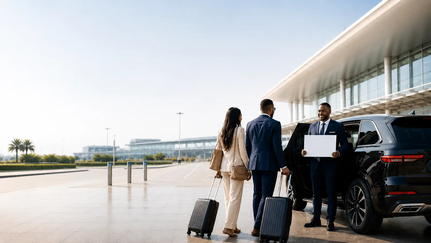 FML Mobility chauffeur welcoming business travellers with luggage beside an executive vehicle at an airport terminal.