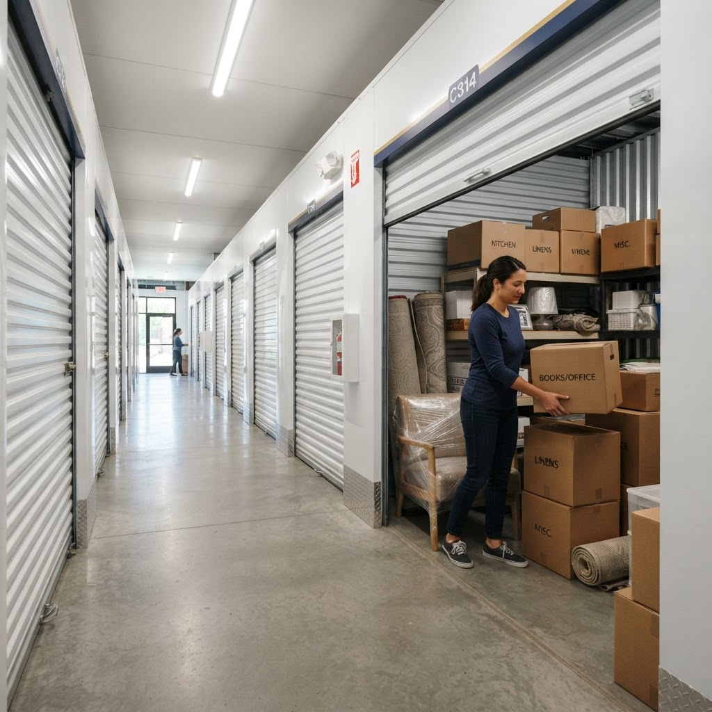 A person placing a labelled box into a clean, secure self-storage unit
