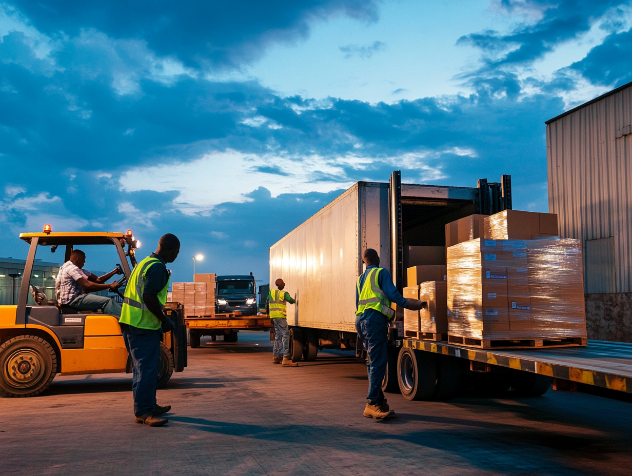 Box trucks and a flatbed being loaded at a distribution bay under a Fitzgerald Meelk Limited leasing arrangement