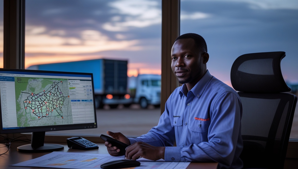Fleet dispatch and route-planning office coordinating leased trucks for Fitzgerald Meelk Limited clients
