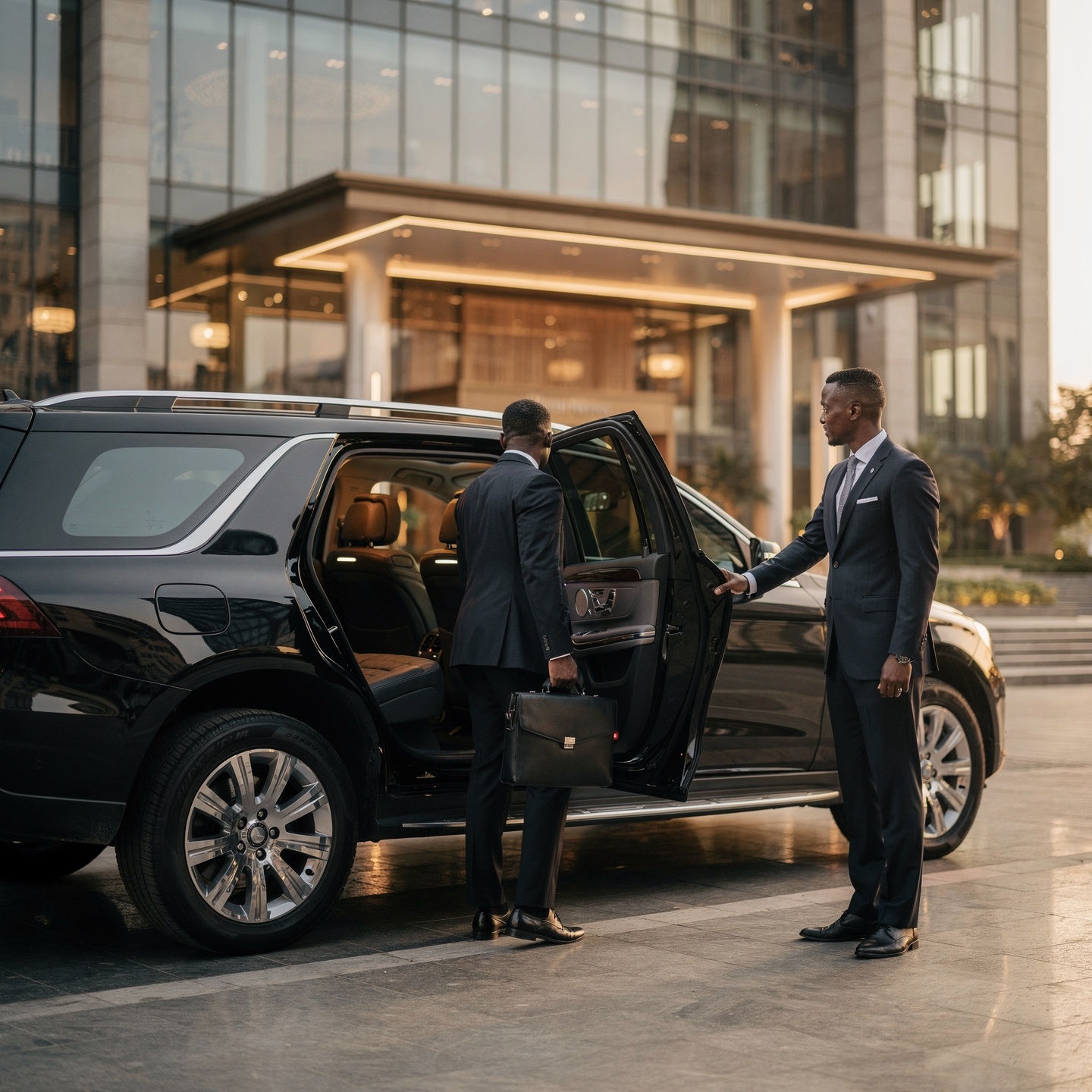 FML Mobility chauffeur opening the door of a black luxury SUV at a hotel entrance in Lagos